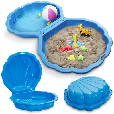 Produktbild von ONBEST Sandkasten 2in1 Sandmuschel mit Deckel | 100 kg | Kunststoff | Blau | ‎88 x 78 x 38 cm