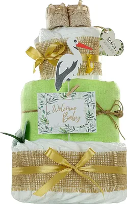 Produktbild von Neutrale Windeltorte Storch mit Bündel | inkl. Babybooties und Mullwindel | grün