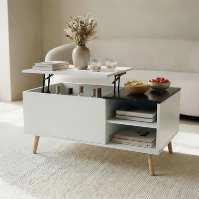 Produktbild von Couchtisch MUSKA mit Hebeplatte, 100 x 50 cm, Weiß/Schwarz - höhenverstellbare Tischplatte mit Stauraum, 2 offene Fächer, Beine aus Massivholz, Wohnzimmermöbel modern