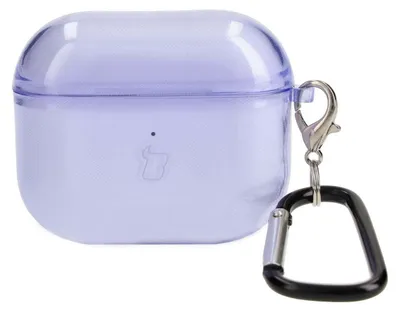 A clear purple case for AirPods 3 with a carabiner attached.