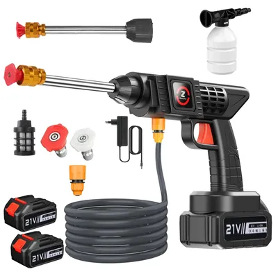 Obrázok produktu pre Prenosný akumulátorový vysokotlakový čistič - 21 V - 50 bar - 3000 W - 2 akumulátory s 10 článkami - so samočinným nasávaním - 2 trysky - 5 metrová hadica