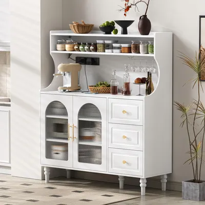 Image de Flieks Cuisine Armoire haute avec station de chargement, armoire buffet avec portes vitrées, tiroirs et porte-verre, buffet de cuisine Armoire de cuisine 120x40x138.5cm, Blanc