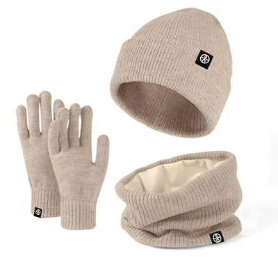 Immagine prodotto di Set invernale: berretto, sciarpa e guanti. Berretto termico in maglia con fodera in pile, guanti touchscreen