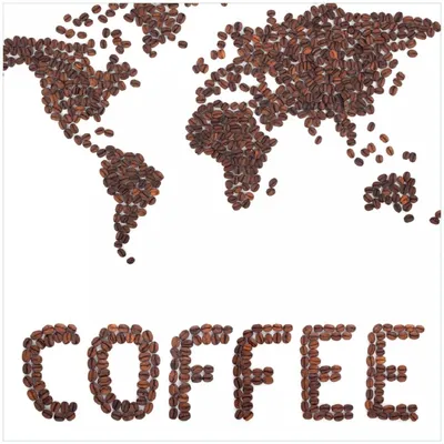 Produktbild von Wallario Premium Glasbild, freischwebende Optik, kräftige Farben, Größe 30 x 30 cm Motiv Weltkarte mit Schriftzug aus Kaffeebohnen