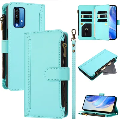 Obrázek produktu pro Pouzdro pro Xiaomi Redmi 9T/Redmi Note 9 4G, zipem, peněženkovéPolyuretankožené flip pouzdro s kapsami na karty, stojánkem a poutkem na ruku mátově zelená