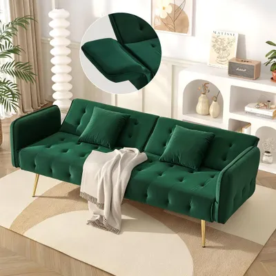 Produktbild von Multifunktion Zweisitzer-Sofabett mit verstellbarer Rückenlehne & mehrstufigen Armlehnen, Faltsofa mit Veloursbezug & Liegefläche,für Wohnzimmer, 178x82x70cm, grün