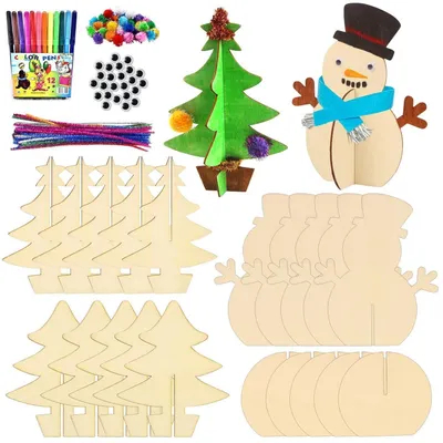 Image de Kit de décoration de Noël en bois, décorations 3D : sapin de Noël, bonhomme de neige, décorations de table, ornements