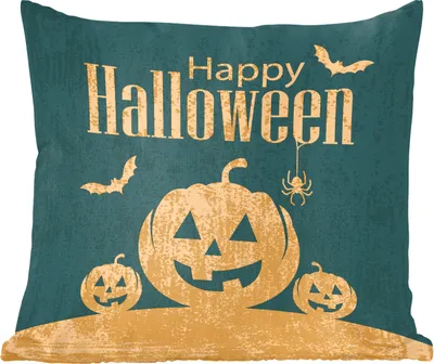 Produktbild von MuchoWow® Zierkissen Sofakissen Wohnzimmer Dekokissen 50x50 cm Happy Halloween umgeben von Fledermäusen und Kürbissen in einer Illustration - Komfort - Sofakissen