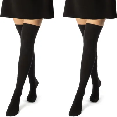 Produktbild von 2 Paar Overknee Strümpfe Damen Kniestrümpfe Baumwolle Ringel & Uni 10723 - 2x Schwarz 35-38