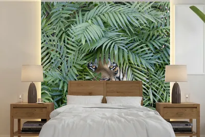 Produktbild von MuchoWow® Fototapete für Wohnzimmer oder Schlafzimmer Wandtapete Vinyl Motivtapete Versteckter Tiger zwischen den Pflanzen - 300x300 cm - Wanddekoration