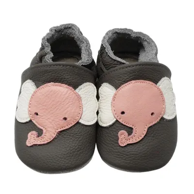 Produktbild von YALION® Baby Krabbelschuhe aus Echtleder, weiche Lauflernschuhe für Mädchen&Jungen, rutschfeste Ledersohle,Grau,Elefantenmotiv, Größe L (12-18 Monate）