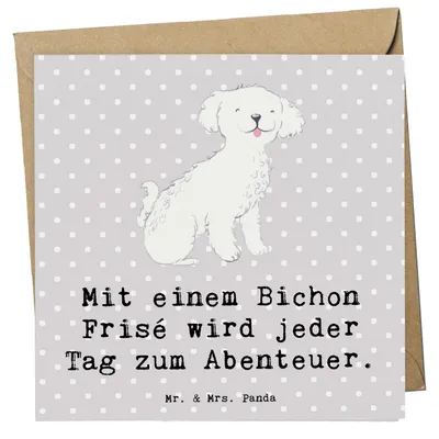 Produktbild von Mr. & Mrs. Panda Grußkarte Bichon Frisé Abenteuer - Grau Pastell - Geschenk, verspielte Hunde, faltkarte, hypoallergen, Hund, Glückwunschkarte, Hunderassen Eigenschaften