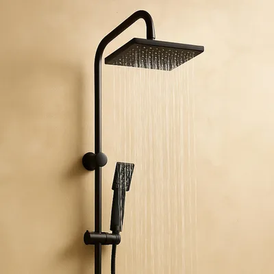 Produktbild von Grafner Regendusche schwarz im Set incl. Kopfbrause, Handbrause, Schlauch, Stange und Anschluss-Set Duschset Duschsystem Duschgarnitur eckig