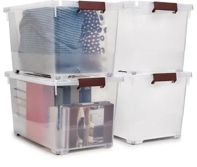 Obrázok produktu pre Priehľadná prenosná úložná krabica – 4 ks – 52 litrov – plastová – priehľadná – 57 x 38 x 32 cm – Organizér do kuchyne a kúpeľne.