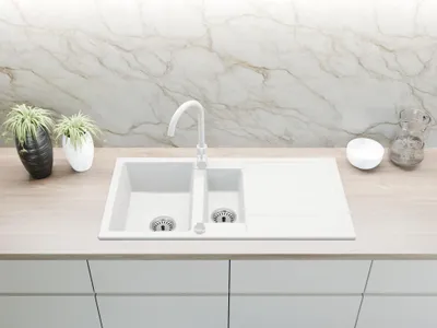 Produktbild von Granitspüle Spülbecken Küchenspüle Einbauspüle 100x50 cm 2 Becken mit Abtropffläche mit Armatur Weiß