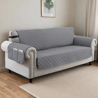 Produktbild von Wasserdichte Sofabezug Rutschfest Sofa Schoner Seitentasche Couch Bezug Schutz für Haustiere, Katzen, Hunde, Spielende Kinder Grau