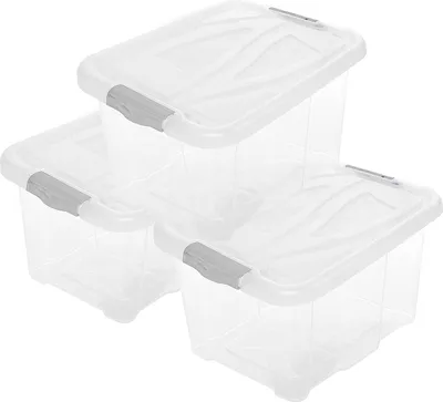 Three clear plastic storage boxes with gray handles are stacked on a white background.