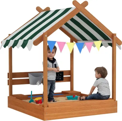 Produktbild von Sandkasten mit Dach aus Holz, Sandkiste mit Sitzbank und Tafel, 124 cm, Grš¹n