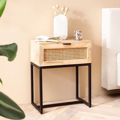 Produktbild von FineBuy Nachtkonsole Mango Massivholz mit Rattan & Metallgestell – Nachttisch im Boho & Natur Design mit Schublade, Nachtkästchen für Boxspringbetten