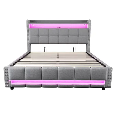 Image de OKWISH Lit Coffre 160x200 cm, lit double avec rangement, LED télécommandée et prise USB, sans matelas - Lin, Gris clair