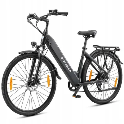 A black electric bicycle is shown against a white background.