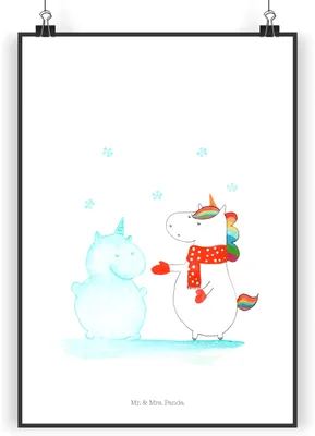Produktbild von Mr. & Mrs. Panda Bild Einhorn Schneemann DIN A3 - Weiß - Geschenk, Wandbild, Unicorn, Winter, wanddeko, Kunstdruck, Schnee, Weihnachten, drucke, Kuchen, Plakat