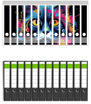 Produktbild von Wallario 12 Stück schmale Ordner inkl. Klebeetiketten mit Motive Katze im Farbrausch -  Set mit Rückenschildern / Ordnerrücken Stickern