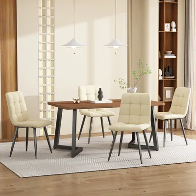 Produktbild von Flieks Esstisch mit 4 Esszimmerstühlen, Essgruppe Sitzgruppe 5-tlg, Tischgruppe mit 4 Stühlen, Rechteckig Esszimmertisch Walnussfarbe, Samt, Beige