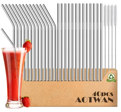 Image de Paille en acier inoxydable réutilisables, lot de 40 pièces : 18 droites + 18 courbées +