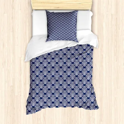 Produktbild von ABAKUHAUS Navy blau Bettbezug Set, Abstrakter Blumendamast mit antikem viktorianischem Design-Renaissance Flourish, 135 x 200 cm + 80 x 80 cm, Dunkelblau Weiß