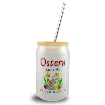 Produktbild von Ostern Trinkglas mit Bambusdeckel mit Spruch Ostern oder nicht ich Liebe nur