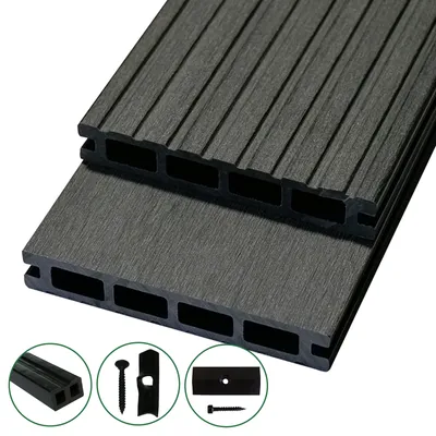 Produktbild von WOODSTORE24 WPC Terrassendielen Komplettset - 17 m² - mit Unterkonstruktion Rhodos Grau, geriffelt, Diele für Terrasse & Balkon, Klicksystem