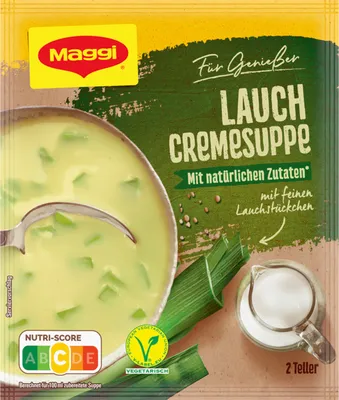 A product package for soup mix, showing a bowl of soup and ingredients.