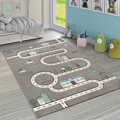 Produktbild von Kinderteppich Kinderzimmer Modern Lernteppich Straße Auto Haus Design In Grau Grösse 120 cm Rund