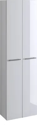A tall, narrow white cabinet with two doors and silver handles.