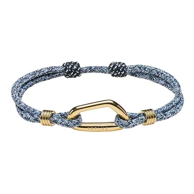 Armband für Kletterer und Boulderer von 8b+; geflochten in Blau und Schwarz mit goldfarbener Schnalle.