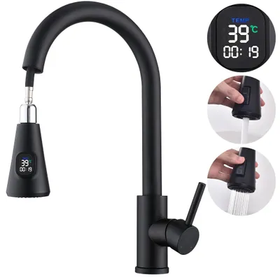 A black kitchen faucet with a digital display showing temperature and time.