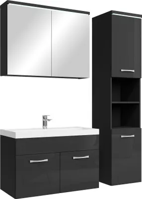 Produktbild von Badplaats Badmöbel Komplettset Paso LED 80 x 40 cm Schwarz Hochglanz - Badezimmermöbel mit Waschbecken, Spiegelschrank und Badezimmerschrank