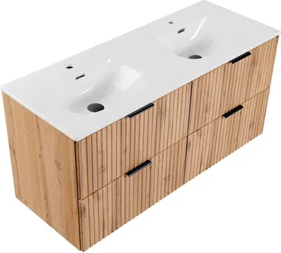 Produktbild von Badmöbel Waschtisch mit Unterschrank Set 120cm, Wotaneiche gerillt, 2 Keramik Doppel-Waschbecken, 4 Softclose-Schubkästen, B/H/T 121/58,5/46 cm