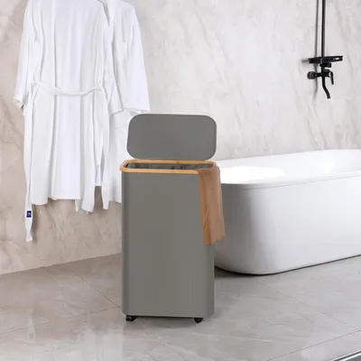 Produktbild von Wäschekorb mit Rollen - 75 Liter - grau/beige - Bambusrahmen