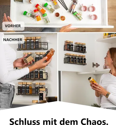 Produktbild von Kräuterregal ohne Bohren mit 24 Gewürzgläsern - Schwarz - 4-teiliges Wandgewürzregal - Küchenwandgewürzregal