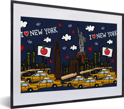 Produktbild von MuchoWow® MuchoWow® Gerahmtes Poster New York - Taxi - Freiheitsstatue 40x30 cm - Poster mit zchwarzem Bilderrahmen - Bilderrahmen - Poster im Rahmen