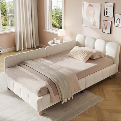 Produktbild von okwish Polsterbett 90x200 mit Matratze Kinderbett mit gepolstertes Kopfteil und Rausfallschutz Einzelbett mit Seitentasche Samt Beige
