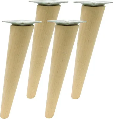 Four wooden furniture legs with metal mounting plates are shown against a white background.
