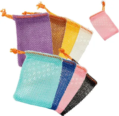 Produktbild von Bunte Nylon-Seifensäckchen mit Zugband - 8 Stück für feste Seife - Seifensäckchen für die Dusche und Netztasche zum Aufschäumen und Trocknen von Seife (8 Farben)