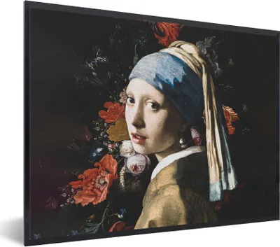 Produktbild von MuchoWow® Gerahmtes Poster Das Mädchen mit dem Perlenohrring - Vermeer - Blumen 40x30 cm - Poster mit Schwarzem Bilderrahmen Wandposter Rahmen Foto Bilder - Kunstposter - Wanddekorationen