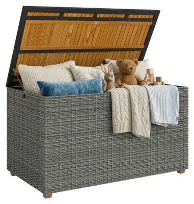 Produktbild von Outsunny Gartenbox 450 L Polyrattan wasserdicht Auflagenbox mitHolz-Deckel