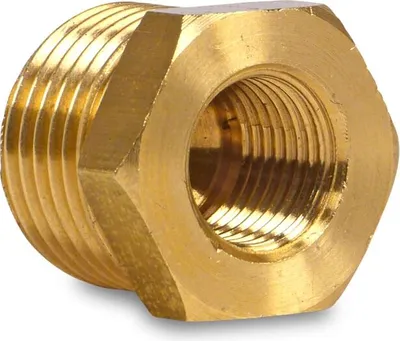 A close-up studio shot of a brass pipe fitting.