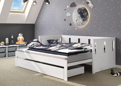 Produktbild von Ausziehbett 2-in-1-Bett Einzel- und Doppelbett in einem Kiefer weiß Zubehör wählbar V-60.78W-09Rollrost inkl.