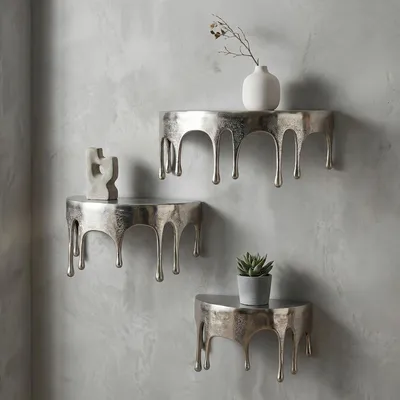 Produktbild von FineBuy Wandregal 3er Set Aluminium Silber Tropfen Optik Ausgefallenes Hängeregal Metall Design Drops Schweberegal Alu Wandboard Dekoregal Handmade
